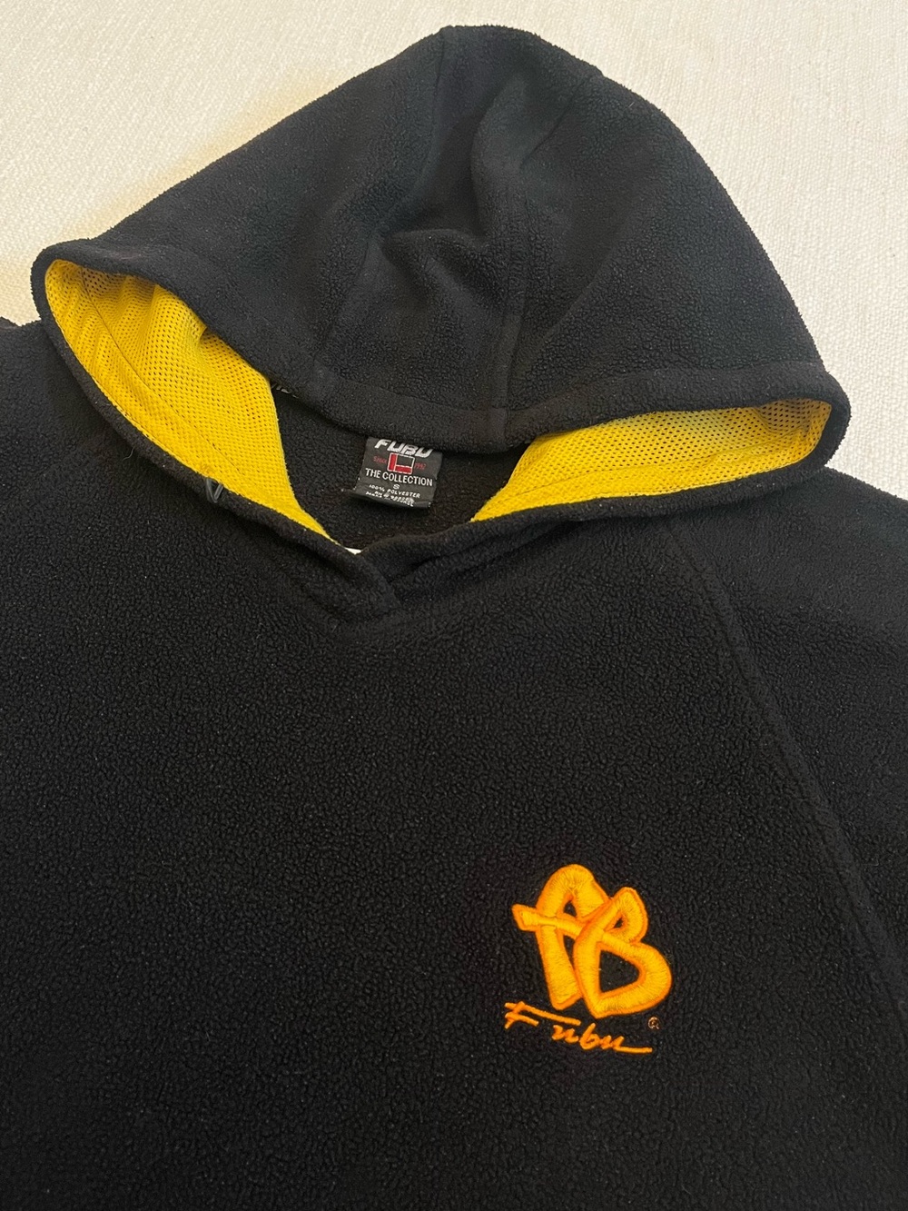 FUBU Sport Men's Black/Yellow Fleece Pullover Hoodie Logo Embroidered Size Small